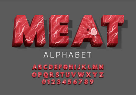 Vector latin meat alphabet. Set of letter and numbers from fresh raw meat with bone. Red tenderloin beef meat font for restaurants, butcher shop, farmers market.のイラスト素材