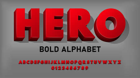 Stylized red vector bold font. Set of bold red symbols and numbers alphabet. Vector volumetric font with flat shadow.のイラスト素材