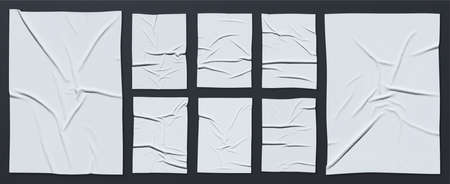 Mockup of white glued wrinkled poster. Big Set of vector realistic crumpled wet glued paper. Cool modern posters that are easy to edit and use in your presentation. Everything is grouped by layersのイラスト素材
