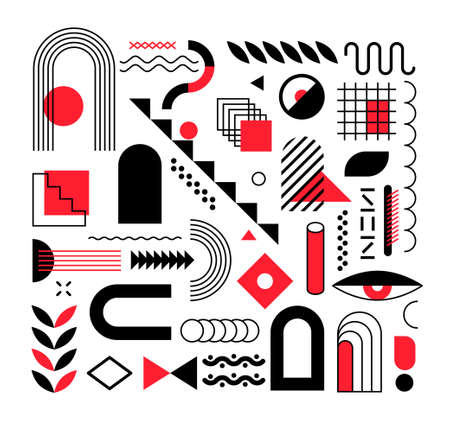 Set of abstract trendy geometric shapes and design elements with bright red elements. Memphis design, retro elements for creation advertisement, commercial banners, billboard, sale, poster, leafletのイラスト素材