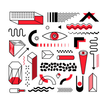 Set of abstract trendy geometric shapes and design elements with bright red elements. Memphis design, retro elements for creation advertisement, commercial banners, billboard, sale, poster, leafletのイラスト素材