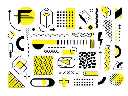 Set of abstract trendy geometric shapes and design elements with bright yellow elements. Memphis design, retro elements for creation advertisement, commercial banners, billboard, sale, poster, leafletのイラスト素材