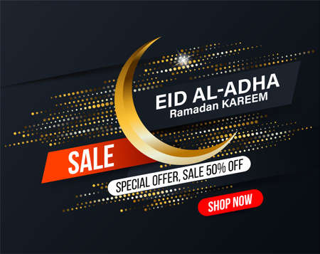 Abstract sale banner design to day celebration of Muslim community festival Eid Al Adha. Discount banner with gold halftone glitter effect, golden moon and red ribbon for your text. Vector illustrationのイラスト素材