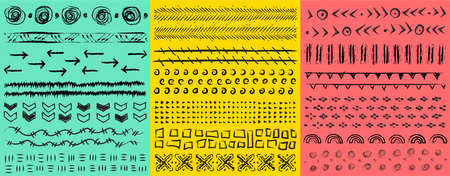 large hand-drawn kit artistic universal patterns with abstract spots, dashes, dots, circles, crosses and waves. Black hand drawn template design elements. Various shapes and doodle objects. Vectorのイラスト素材