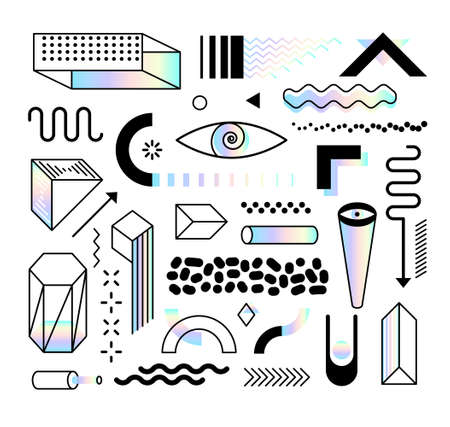 Set of abstract trendy design elements and shapes with dispersion effect. Colorful rainbow shapes for create placards, brochures, retro art, posters, covers and banners in memphis and hipster style.のイラスト素材