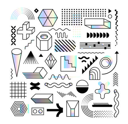Set of abstract trendy design elements and shapes with dispersion effect. Colorful rainbow shapes for create placards, brochures, retro art, posters, covers and banners in memphis and hipster style.のイラスト素材