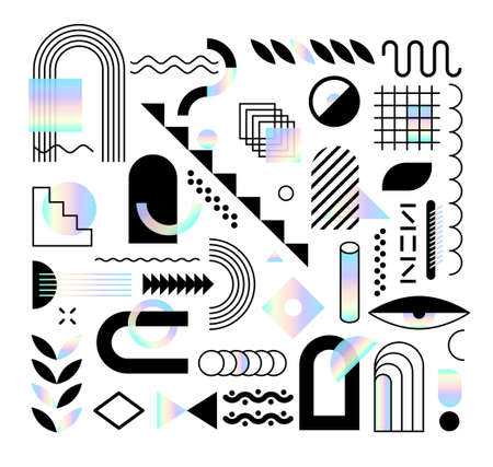 Set of abstract trendy design elements and shapes with dispersion effect. Colorful rainbow shapes for create placards, brochures, retro art, posters, covers and banners in memphis and hipster style.のイラスト素材