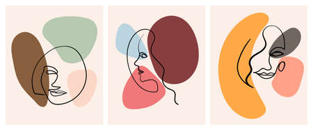 Set of Modern abstract faces in hand drawn outline style. Trendy one line woman portrait. Contemporary female silhouettes. Continuous line, minimalistic concept with abstract pastel shapes.のイラスト素材
