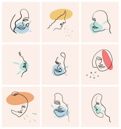 Big set of Modern abstract hand drawn faces. Trendy one line woman portrait on the topic of coronavirus, covid-19. Contemporary female silhouettes with abstract medical mask shapes. Continuous line.のイラスト素材