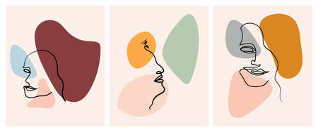 Set of Modern abstract faces in hand drawn outline style. Trendy one line woman portrait. Contemporary female silhouettes. Continuous line, minimalistic concept with abstract pastel shapes.のイラスト素材
