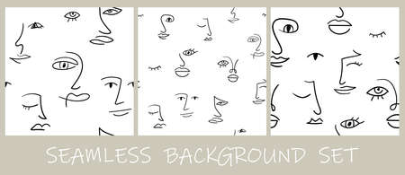 Set of seamless pattern with various abstract hand drawn faces. Modern one line drawing collection with woman and man faces. Portrait in minimalist style. Modern continuous line art.のイラスト素材