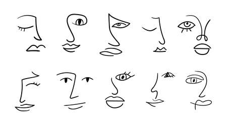 Set of various abstract hand drawn faces. Modern one line drawing collection with woman and man faces. Portrait in minimalist style. Modern continuous line art.のイラスト素材