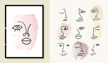 Set of various abstract hand drawn faces on watercolor background. Modern one line drawing collection with woman and man faces on watercolor shapes. Portrait in minimalist style.のイラスト素材