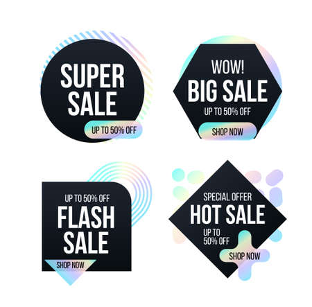Modern black banners set with dispersion effect shapes. Trendy banner with rainbow shapes for black friday, season special offer, sale and discount. Memphis and hipster style. Vector illustrationのイラスト素材