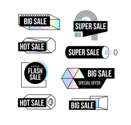 Modern black banners set with dispersion effect shapes. Trendy banner with rainbow shapes for black friday, season special offer, sale and discount. Memphis and hipster style. Vector illustrationのイラスト素材