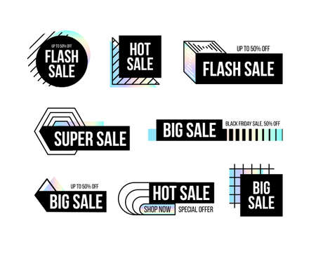 Modern black banners set with dispersion effect shapes. Trendy banner with rainbow shapes for black friday, season special offer, sale and discount. Memphis and hipster style. Vector illustrationのイラスト素材
