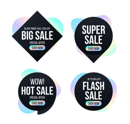 Modern black banners set with dispersion effect shapes. Trendy banner with rainbow shapes for black friday, season special offer, sale and discount. Memphis and hipster style. Vector illustrationのイラスト素材