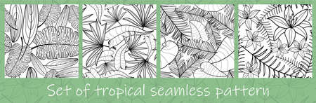 Set of Jungle leaves seamless pattern. Tropical palm leaves. Hand drawn exotic leaves with contour In black and white colors. Floral line art background for fabric, textile, T-shirts and wallpaper.のイラスト素材