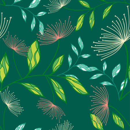 Colorful Tropical exotic palm leaves seamless pattern. Hand drawn palm leaves with contour. Floral background for fabric, textile, T-shirts and wallpaper. Jungle leaves seamless pattern.のイラスト素材
