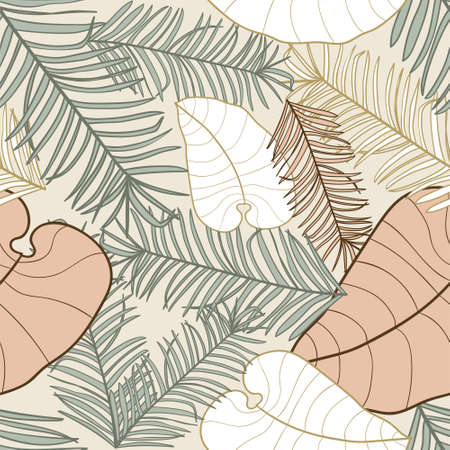 Tropical exotic palm leaves seamless pattern. Hand drawn palm leaves with contour In soothing pastel colors. Floral background for fabric, textile, T-shirts and wallpaper.のイラスト素材