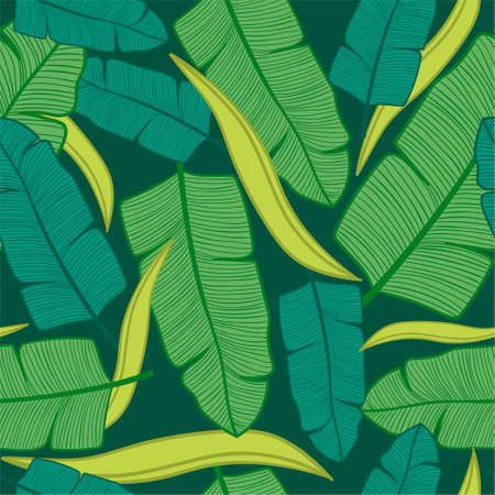 Colorful Tropical exotic palm leaves seamless pattern. Hand drawn palm leaves with contour. Floral background for fabric, textile, T-shirts and wallpaper. Jungle leaves seamless pattern.のイラスト素材