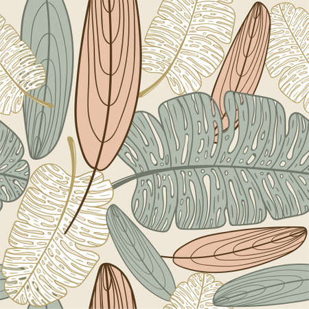 Tropical exotic palm leaves seamless pattern. Hand drawn palm leaves with contour In soothing pastel colors. Floral background for fabric, textile, T-shirts and wallpaper.のイラスト素材