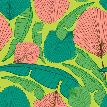 Colorful Tropical exotic palm leaves seamless pattern. Hand drawn palm leaves with contour. Floral background for fabric, textile, T-shirts and wallpaper. Jungle leaves seamless pattern.のイラスト素材