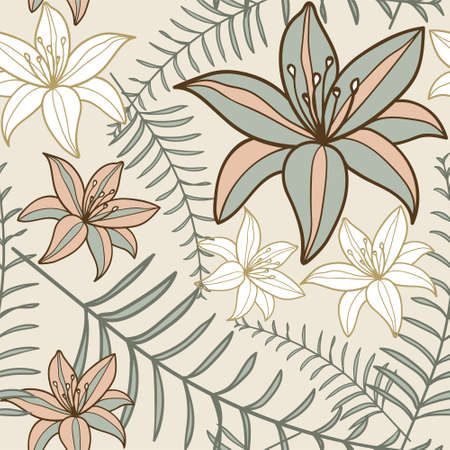 Tropical exotic palm leaves seamless pattern. Hand drawn palm leaves with contour In soothing pastel colors. Floral background for fabric, textile, T-shirts and wallpaper.のイラスト素材