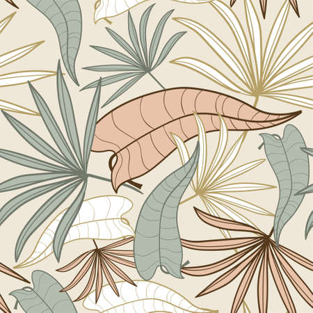 Tropical exotic palm leaves seamless pattern. Hand drawn palm leaves with contour In soothing pastel colors. Floral background for fabric, textile, T-shirts and wallpaper.のイラスト素材