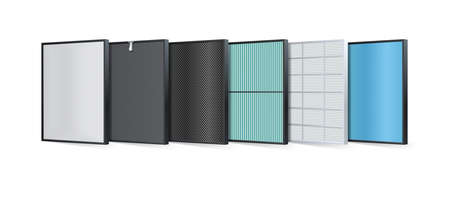 Multi-layer air filter consists of multiple filter layers. Aluminum filter, Coarse fibers, carbon layers, protecting against PM2.5, HEPA filter, fabric layers, air purification layer, ionizer. Vectorのイラスト素材