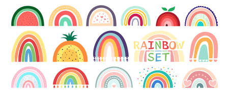 Boho rainbow set isolated on white background. In cute delicate pastel colors. Hand drawing style for posters, prints, cards, fabric, textile, children's books and decorating baby clothes.のイラスト素材
