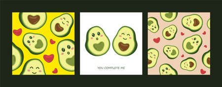 Seamless pattern set with cute cartoon smiling avocado. Hand drawing style for posters, prints, cards, fabric, textile, children's books and decorating baby clothes.のイラスト素材