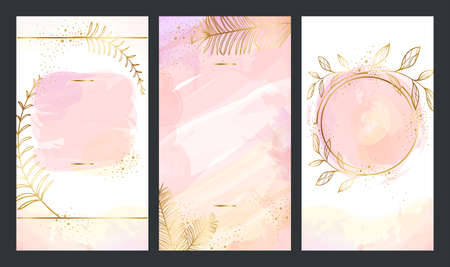 Set of Elegant pink template with gold plants for Stories and streaming. Mockup for personal blog, shop or user story. Layout for promotion, stories and post in social media.のイラスト素材