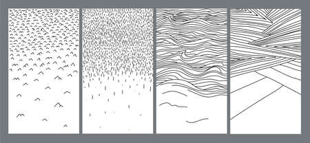 Set of trendy templates for social networks and stories with abstract hand drawing doodles resembling farm field, rain, mountains, birds, dunes and waves. Simple and beautiful. Vector eps10のイラスト素材