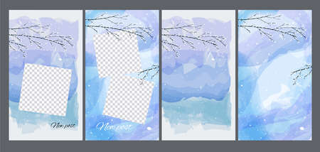 Winter is coming. Editable template for social networks and stories. Winter background with snow-covered frozen tree branches, snowfall on watercolor backdrop. Snowy weather. Falling snowのイラスト素材