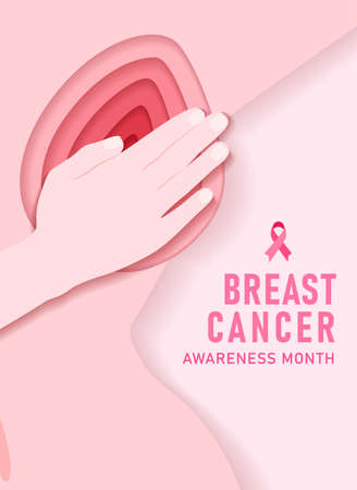 Breast cancer prevention self check papercut poster. Banner with breast cancer awareness symbol and place for text.のイラスト素材