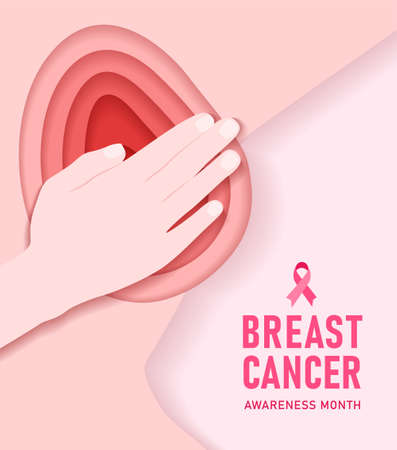 Breast cancer prevention self check papercut poster. Banner with breast cancer awareness symbol and place for text.のイラスト素材