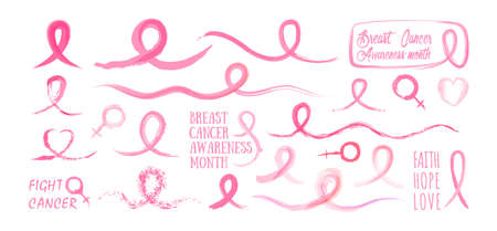 Big set of Breast Cancer Awareness pink ribbon isolated on white background, ribbons painted with watercolor brush. Symbol of breast cancer awareness month in october.のイラスト素材