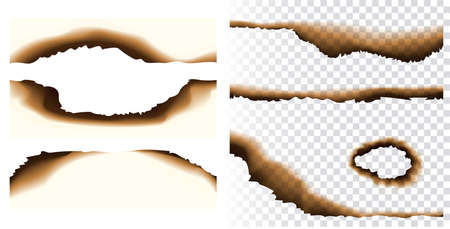 Collection of realistic vector paper burnt holes and scraps edges scorched isolated on transparent background. Burnt page edges and corners. Destroyed paper or parchment with cracked and dirty bordersのイラスト素材