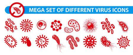 Mega set of different types virus icons. (Corona virus -2019-nCoV). Vector viruses, microbes, pathogens, bacteria and germs red symbols isolated on white background.のイラスト素材