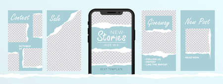 Creative Stories Pack for social media. Trendy editable template for social networks stories. Story template theme for New post, contest, sale, giveaway. Vector torn paper design for photos.のイラスト素材