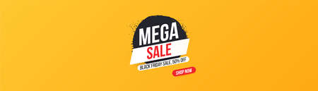Horizontal concise banner for Black Friday and Mega sales and discounts. MEGA SALE inscription on ink stain for mega sale. Bright, easily editable vector concept.のイラスト素材