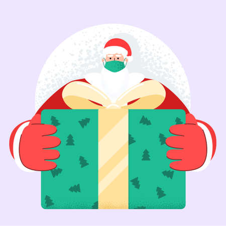 Old bearded Santa Claus with face mask deliver present and gift boxes on xmas eve. Fast speed express delivery. Safe celebratory delivery during quarantine Covid 19 coronavirus. Trendy vector style.のイラスト素材