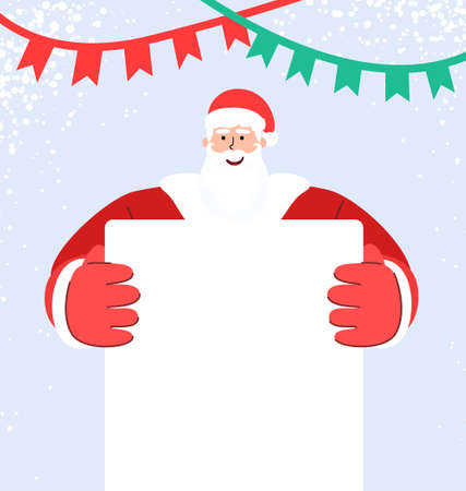 Merry Christmas and Happy New Year! Santa Claus hold big signboard for text. Holiday greeting card with happy 2021 new year. Winter holiday card with Santa Claus and flags in modern trendy style.のイラスト素材