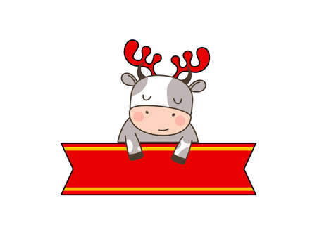 Happy cute little bull in deer headband sitting behind the red ribbon. Greeting card for Merry Christmas and happy new year. 2021 year of the bull. Little ox in outline style with place for text.のイラスト素材