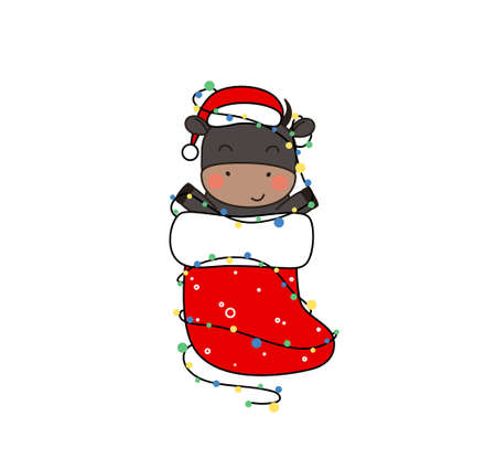Happy cute little black bull in Santa hat sitting in christmas stocking. Greeting card for Merry Christmas and happy new year. 2021 year of the bull. Little ox in christmas stocking with garland.のイラスト素材