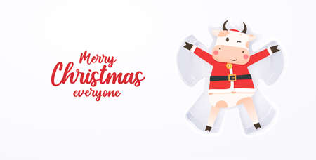 2021 year of the ox. Happy cute bull in Santa hat and Santa Suit lying down on snow-covered ground make snow angel. Year of the bull. Greeting card for Merry Christmas and happy new year.のイラスト素材