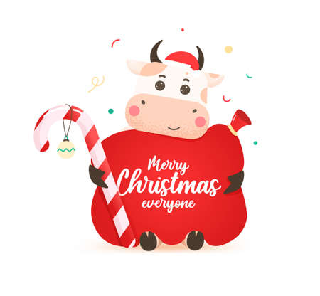 2021 year of the ox. Happy cute bull in Santa hat hugs a large red santa bag. Year of the bull. Greeting card for Merry Christmas and happy new year. Cute ox with Santa bag and candy.のイラスト素材