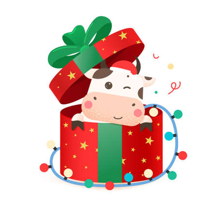 2021 year of the ox. Happy cute bull in Santa hat sitting in red gift box with a bow. Year of the bull. Greeting card for Merry Christmas and happy new year. Cute ox in a red gift box with a garland.のイラスト素材
