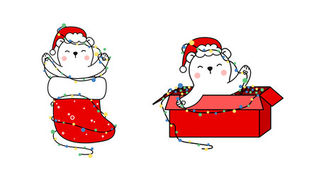 Happy cute little bear in Santa hat sitting in cardboard box with garland and christmas stocking. Greeting card for Merry Christmas and happy new year. 2021 year. Little white bear in outline styleのイラスト素材